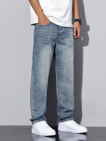 Manfinity Homme بنطلون جينز معتق مغسول للرجال