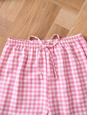 SHEIN مجموعة بنطلون بيجامة للنساء مطبوع عليها دب جميل بنقشة المربعات، ملابس خريف وشتاء