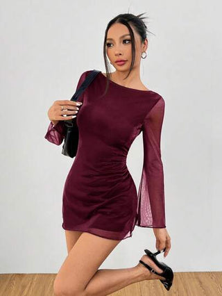 PETITE فستان حفلات قصير أنثوي بأكمام طويلة وظهر مفتوح من الشبكة