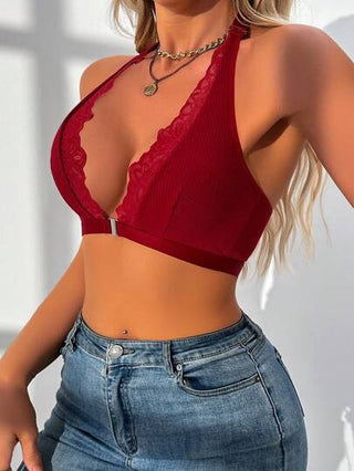 طقم تانكيني حريمي حمالة صدر مرتبة مزينة بالدانتيل الرومانسي مع إغلاق أمامي، للاستخدام اليومي العادي