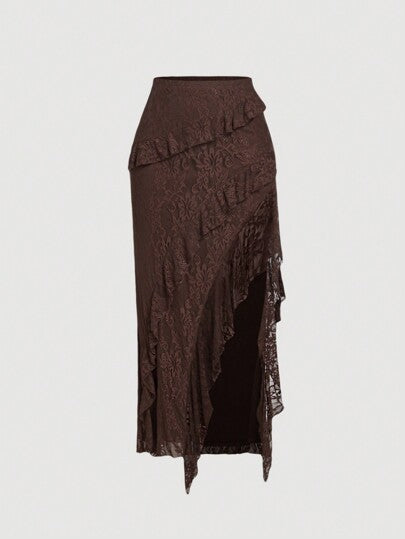 SHEIN MOD تنورة نسائية بيج فاتح مكسرة بتفاصيل الدانتيل ذات شق جانبي، ملابس لحفلات رأس السنة والكريسماس والحفلات والإجازات على الشاطئ، ملابس نسائية للشارع، ملابس نسائية لعيد الحب
