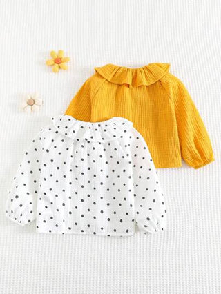 تيشيرتات بناتي Cozy Pixies مجموعة مكونة من قطعتين لبنت رضيعة، ملابس علوية بأكمام طويلة بياقة طاقم وبنطال، من نسيج أحادي اللون بنقشة نقاط تزينها كشكشة