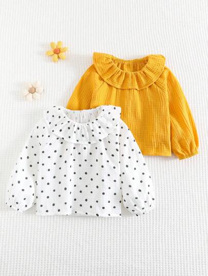 تيشيرتات بناتي Cozy Pixies مجموعة مكونة من قطعتين لبنت رضيعة، ملابس علوية بأكمام طويلة بياقة طاقم وبنطال، من نسيج أحادي اللون بنقشة نقاط تزينها كشكشة