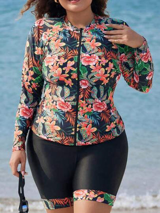 Swim Lushoire مجموعة ملابس السباحة للنساء كبيرات الحجم، ملابس علوية بأكمام راجلان مرتخي ضيق والشورت، بطبعة نباتية استوائية للصيف والشاطئ