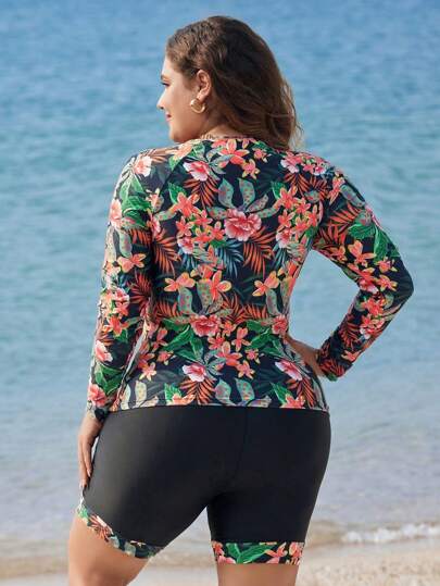 Swim Lushoire مجموعة ملابس السباحة للنساء كبيرات الحجم، ملابس علوية بأكمام راجلان مرتخي ضيق والشورت، بطبعة نباتية استوائية للصيف والشاطئ