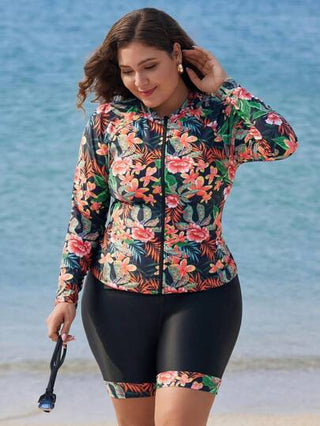 Swim Lushoire مجموعة ملابس السباحة للنساء كبيرات الحجم، ملابس علوية بأكمام راجلان مرتخي ضيق والشورت، بطبعة نباتية استوائية للصيف والشاطئ