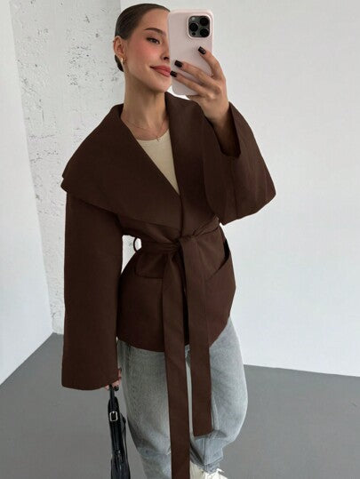 Aloruh جاكيت كاجوال طويل الأكمام نسائي بجيب وأربطة أمامية، للارتداء اليومي