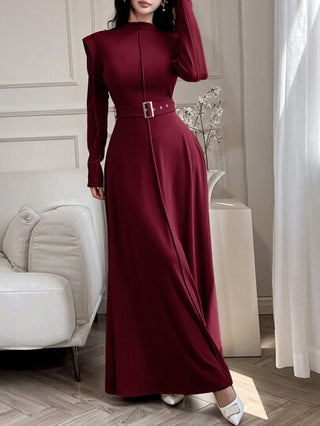 Modelyn فستان سهرة طويل سلس بأكمام طويلة وياقة سادة للنساء