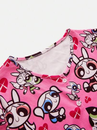 بيجاما THE POWERPUFF GIRLS X  رومبير غرفة مريح مع طباعة قلب وشخصية كرتونية عشوائية مع زر أمامي للفتيات في سن المراهقة