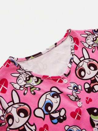بيجاما THE POWERPUFF GIRLS X  رومبير غرفة مريح مع طباعة قلب وشخصية كرتونية عشوائية مع زر أمامي للفتيات في سن المراهقة