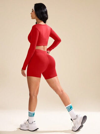 SHEIN Sport Studio مجموعة رياضية للنساء قطعتين بسترة وشورت لون سادة أكمام طويلة