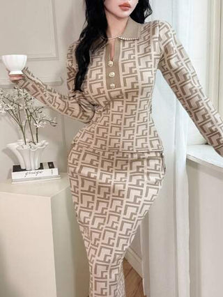 Feyla مجموعة قطعتين للنساء تتكون من كنزة صوفية بتصميم ياقة بأزرار بأنماط هندسية وتنورة متوسطة الطول مضفر طويلة, للخريف/الشتاء مجموعة قطعتين