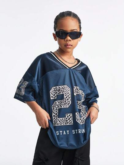ملابس بناتي Coolane Kids تيشيرت كاجوال كبير الحجم بياقة على شكل V مطبوع بنمط الفهد والخطوط للفتيات المراهقات