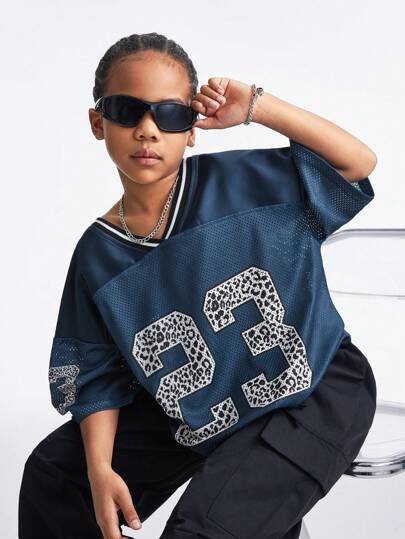 ملابس بناتي Coolane Kids تيشيرت كاجوال كبير الحجم بياقة على شكل V مطبوع بنمط الفهد والخطوط للفتيات المراهقات