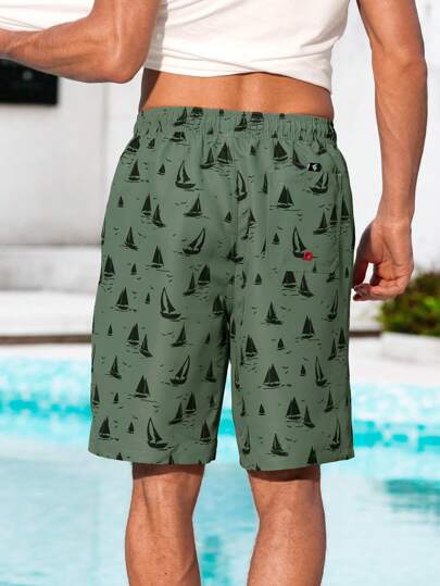 Manfinity Swimmode شورتات كاجوال شاطئية للرجال بخصر سحاب رسومات بحرية
