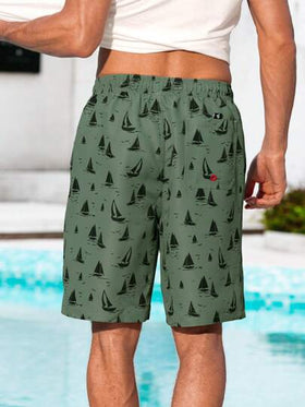 Manfinity Swimmode شورتات كاجوال شاطئية للرجال بخصر سحاب رسومات بحرية