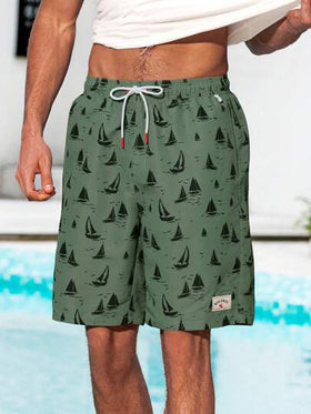 Manfinity Swimmode شورتات كاجوال شاطئية للرجال بخصر سحاب رسومات بحرية