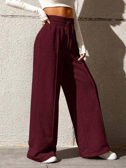 SHEIN EZwear بنطلون رياضي واسع الساق ذو خصر مرن قابل للربط، لون سادة متعدد الاستخدامات