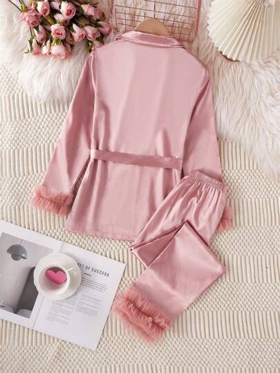 بيجاما بذلة نوم أطقم فتيات مكونة من سراويل طويلة وبلوزة طويلة الأكمام ذات ياقة مكشكشة من لون الصمغ الوردي الصلب الحرير ، ملابس لاونج عصرية