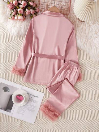 بيجاما بذلة نوم أطقم فتيات مكونة من سراويل طويلة وبلوزة طويلة الأكمام ذات ياقة مكشكشة من لون الصمغ الوردي الصلب الحرير ، ملابس لاونج عصرية