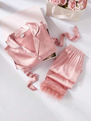 بيجاما بذلة نوم أطقم فتيات مكونة من سراويل طويلة وبلوزة طويلة الأكمام ذات ياقة مكشكشة من لون الصمغ الوردي الصلب الحرير ، ملابس لاونج عصرية