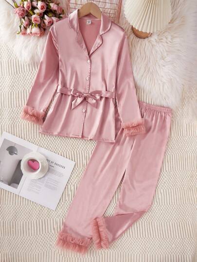 بيجاما بذلة نوم أطقم فتيات مكونة من سراويل طويلة وبلوزة طويلة الأكمام ذات ياقة مكشكشة من لون الصمغ الوردي الصلب الحرير ، ملابس لاونج عصرية