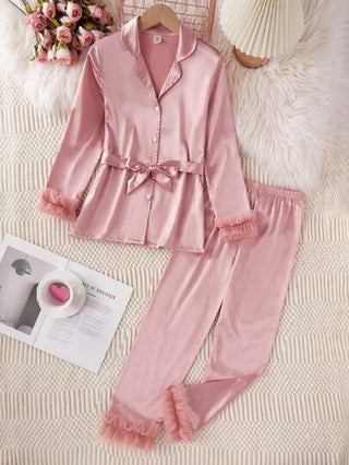 بيجاما بذلة نوم أطقم فتيات مكونة من سراويل طويلة وبلوزة طويلة الأكمام ذات ياقة مكشكشة من لون الصمغ الوردي الصلب الحرير ، ملابس لاونج عصرية