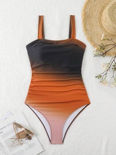 Swim Lushoire ملابس شاطئية للنساء: بدلة سباحة أنيقة ذات تأثير نحيف ومجعّد بشكل أومبير ذات أربطة عريضة للشاطئ والعطلات الصيفية