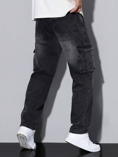 Manfinity Homme جينز جينز كاجوال بسيط مصمم بجيب للرجال