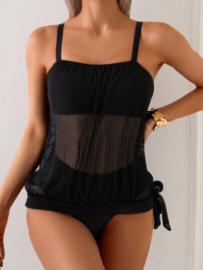 طقم تانكيني حريمي Swim Lushoire طقم ملابس سباحة نسائية شفافة للشاطئ، ملابس علوية برقبة علوية وتنكيني ذات خصر مرتفع باللون الأحادي