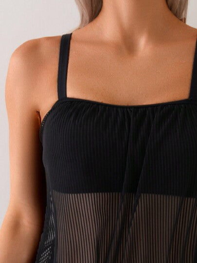 طقم تانكيني حريمي Swim Lushoire طقم ملابس سباحة نسائية شفافة للشاطئ، ملابس علوية برقبة علوية وتنكيني ذات خصر مرتفع باللون الأحادي
