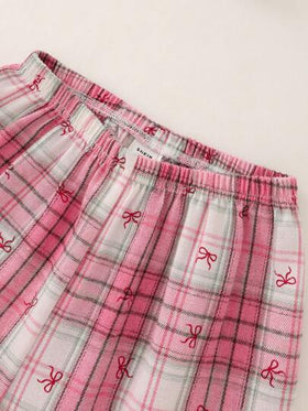 SHEIN مجموعة من قميص وبنطال طويل الاكمام بقماش مناسب للراحة 2 قطعة من الكاردجان مطبوع بنقشة المربعات والفيونكة وبنطال فضفاض للفتيات