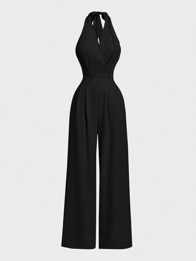 SHEIN MOD جمبسوت سيدات اللون الأحادي بحزام عنق مربوط أمامي وساق واسعة، مناسبة للتنقل والكاجوال والأناقة في العمل