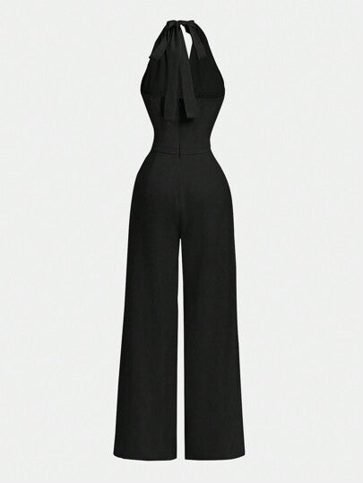 SHEIN MOD جمبسوت سيدات اللون الأحادي بحزام عنق مربوط أمامي وساق واسعة، مناسبة للتنقل والكاجوال والأناقة في العمل