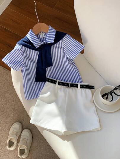 SHEIN 4قطع/مجموعة ملابس صيفية للصبي الرضيع تتكون من قميص مخطط كم قصير، شورت خصر مطّاطي، كيب، وفيونكة، مناسبة لحفل عيد الميلاد والمناسبات الرسمية والزفاف وحفلات إستحمام الطفل وحفلات عيد ميلاد عامه الأول