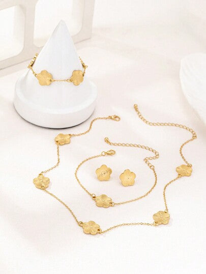 مجموعة مجوهرات من 5 قطع، عقد وأساور وأقراط ذات تصميم هندسي أنيق بزهرة البرسيم، للنساء مناسبة كهدية عيد الأم أو عيد الحب