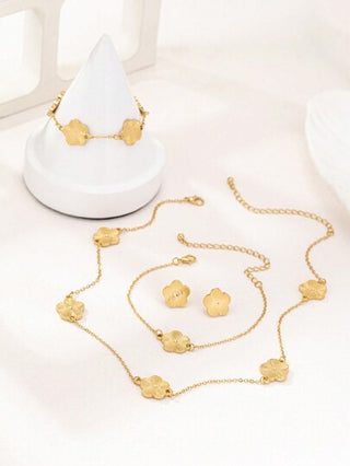 مجموعة مجوهرات من 5 قطع، عقد وأساور وأقراط ذات تصميم هندسي أنيق بزهرة البرسيم، للنساء مناسبة كهدية عيد الأم أو عيد الحب