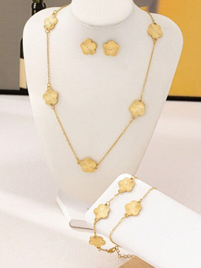 مجموعة مجوهرات من 5 قطع، عقد وأساور وأقراط ذات تصميم هندسي أنيق بزهرة البرسيم، للنساء مناسبة كهدية عيد الأم أو عيد الحب