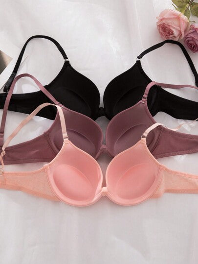 Shein Underwear&Sleepwear Basics 3 قطعة / مجموعة، حمالات صدر داعمة مبطنة ذات نمط بسيط وعصري للنساء، ملابس داخلية مريحة