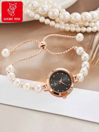 LUCKYFOX ساعة أنيقة مجوهرة تناسب البنات وسيدات متوسطات العمر بسوار لؤلؤ مرصع بالماس وعقارب دائرية ذهبية ، ذات أسلوب أنيق ومناسبة كهدية للاستخدام اليومي