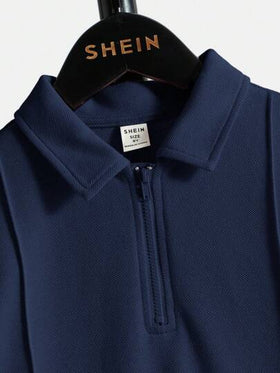 SHEIN قميص بولو كاجوال بأكمام قصيرة مع سحاب أمامي لون أحادي للأولاد مقاسات كبيرة