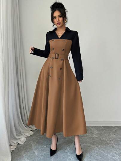 فساتين حريمي Modelyn فستان طويل أنيق للنساء بياقة منحنية وأكمام طويلة وأزرار مزدوجة، فساتين سهرة طويلة للخريف
