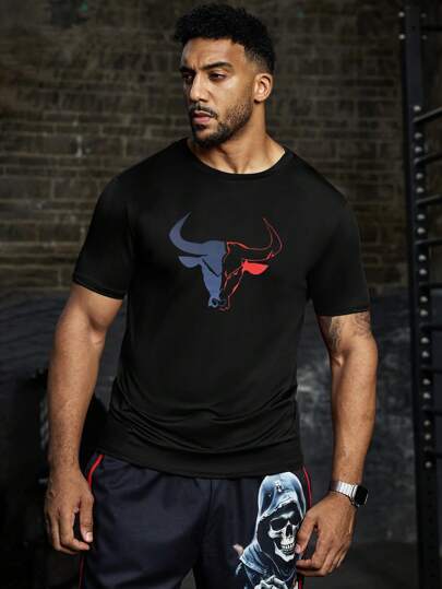 Manfinity Sport Corelite تي شيرت رياضي كاجوال رجالي كم قصير مطبوع بتصميم الثور