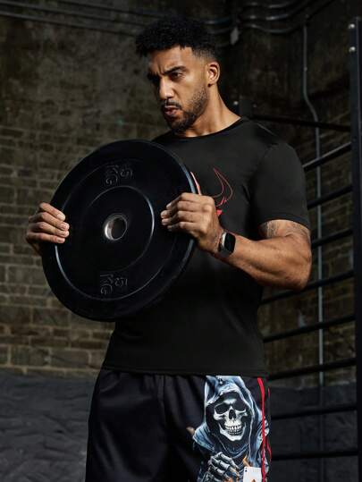 Manfinity Sport Corelite تي شيرت رياضي كاجوال رجالي كم قصير مطبوع بتصميم الثور