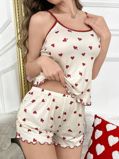 SHEIN طقم ملابس نوم بفوانيس قلبية وشورت كشكش حاشية 2 قطعة لعيد الحب