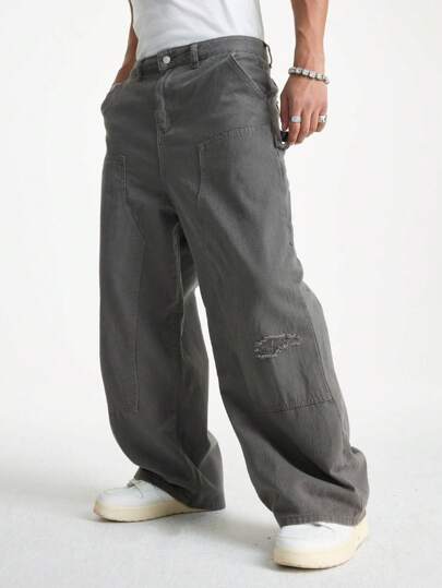 Manfinity EMRG سراويل جينز فضفاضة بقصة عادية للعمل باللون الرمادي الفاتح للرجال