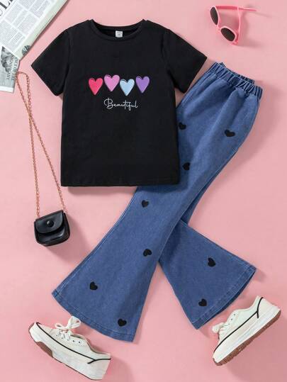 girls-sets طقم من 3 قطع للبنات بتصميم محايد، تيشيرت مطبوع بطبعة قلب كرتونية وبنطلون بطيات جينز قلب، مناسب للصيف