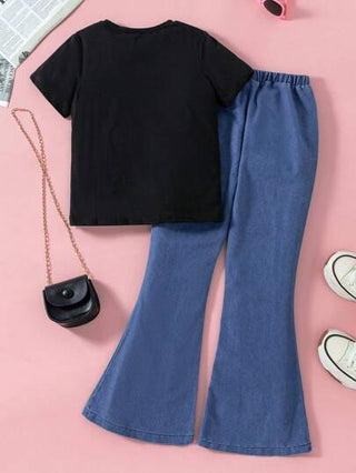 girls-sets طقم من 3 قطع للبنات بتصميم محايد، تيشيرت مطبوع بطبعة قلب كرتونية وبنطلون بطيات جينز قلب، مناسب للصيف