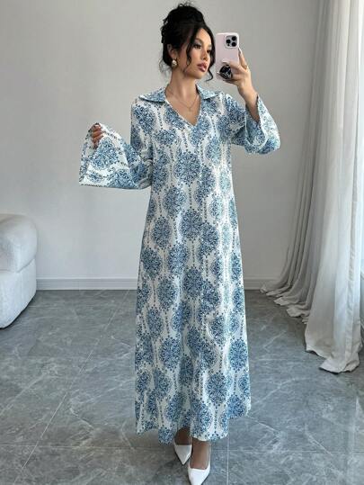 فساتين حريمي Al Najma فستان بأكمام الجرس المطبوع بالكامل