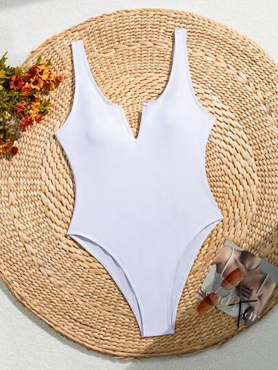 مايوه حريمي قطعة واحدة Swim بدلة سباحة أنيقة جديدة ذات لون أساسي بسيطة وجذابة بظهر مفتوح وياقة V للصيف